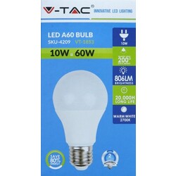 V-TAC LED ŽARULJA A60/10W/2700K/806lm/220-240V/E27