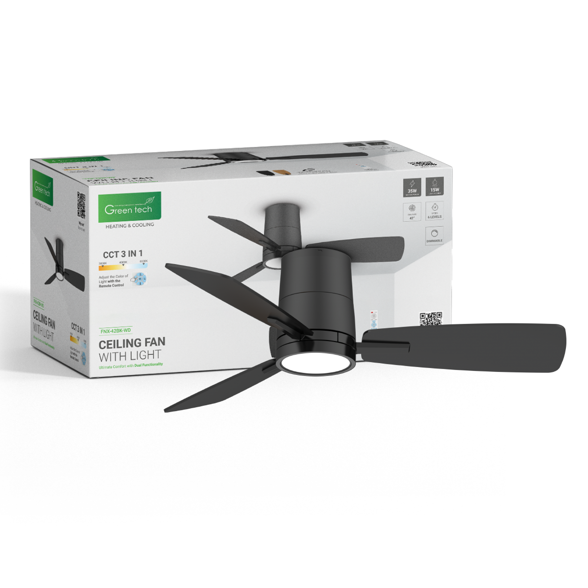Stropni ventilator sa svjetiljkom Green Tech, 42&quot;, 15W, 3CCT, Crno ili Drvo