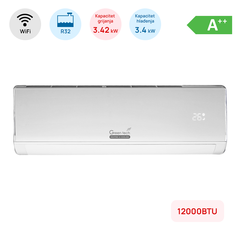 AKCIJA 10% Klima Green Tech 12000BTU, 3.4kW, A++, R32, -15°C ~ 53°C, WiFi, bijela