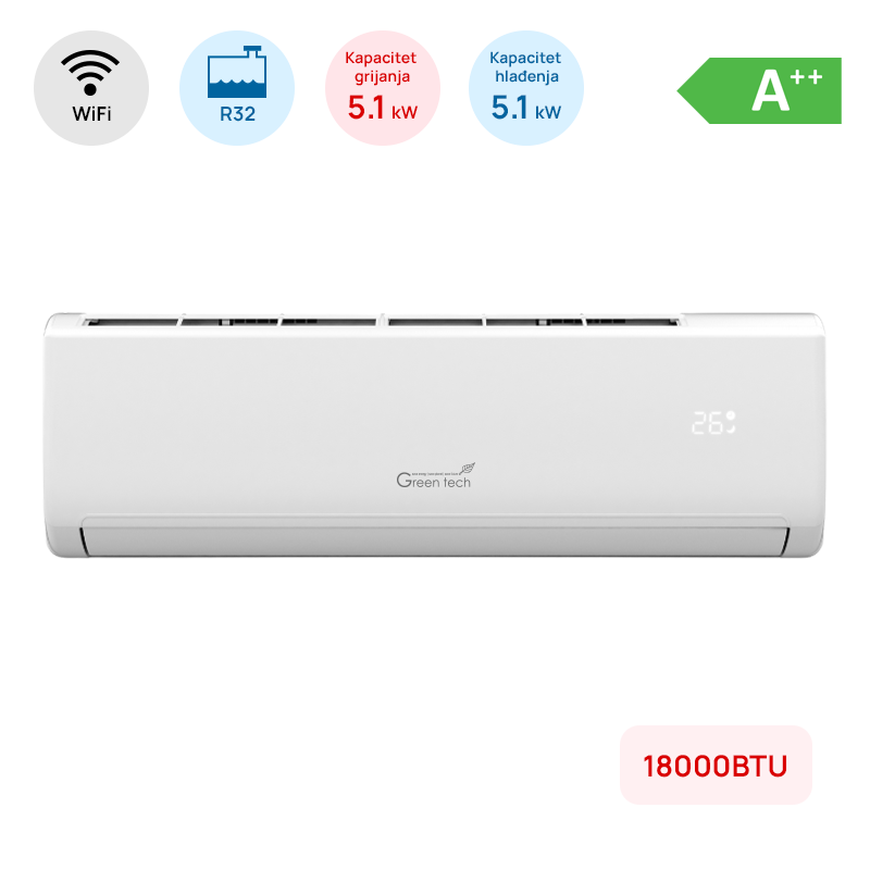 AKCIJA 10% Klima Green Tech 18000BTU, 5.1kW, A++, R32, -22°C ~ 53°C, s grijačem, WiFi, bijela
