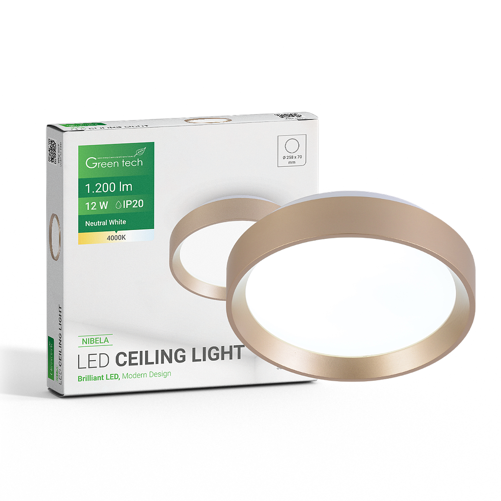 LED plafonjera Green Tech, 12W, 4000K, IP20, zlatna, promjer 25,8