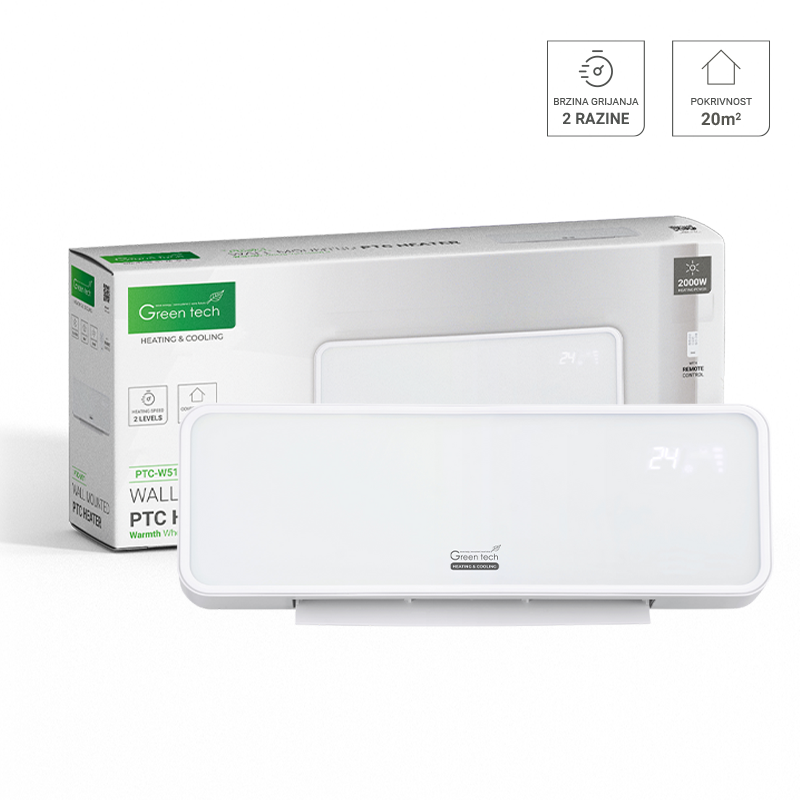 Zidna PTC grijalica Green Tech 2000W, s timerom, električna